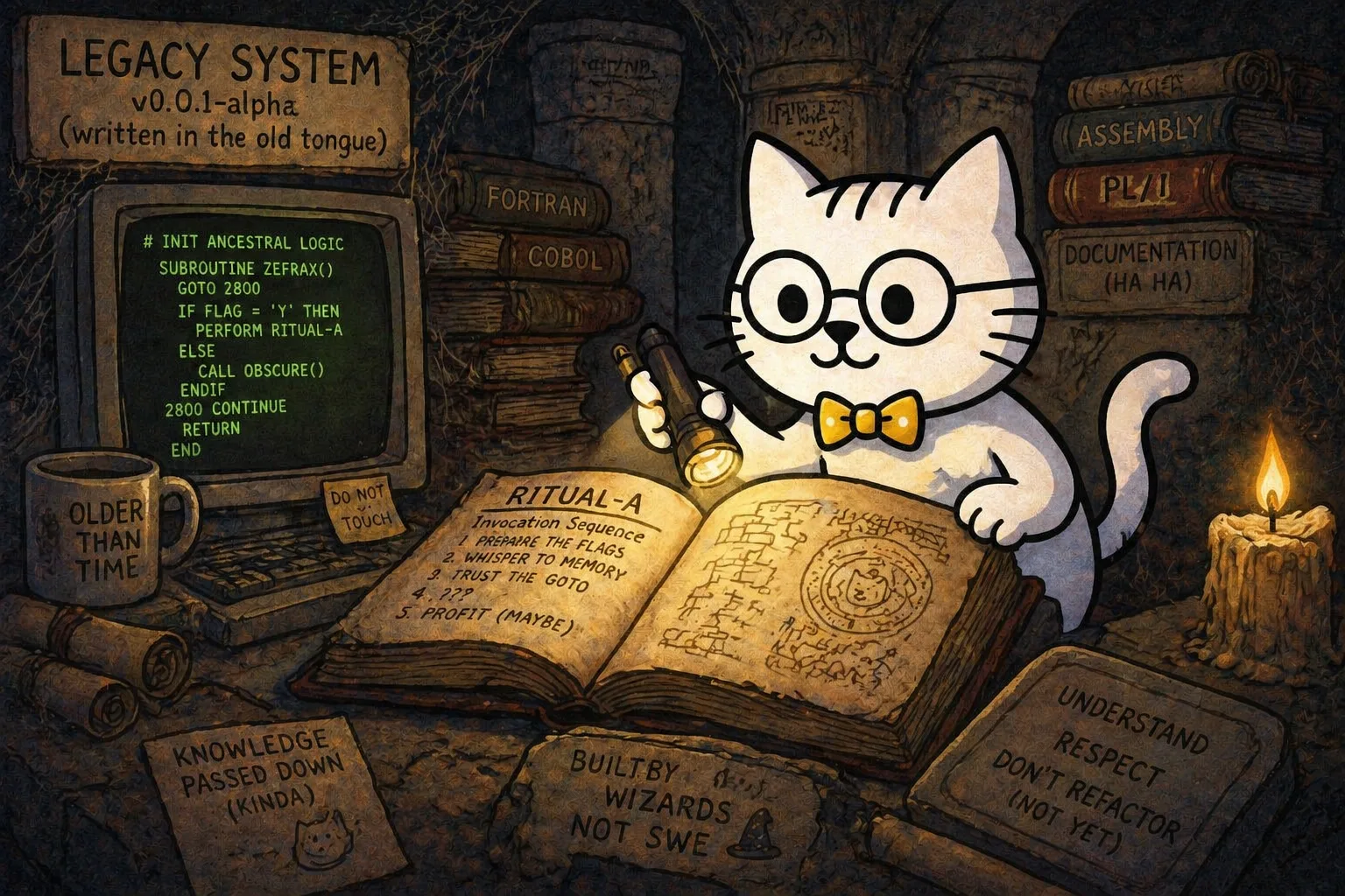 Spec Kitty reading through an old legacy system by candlelight.