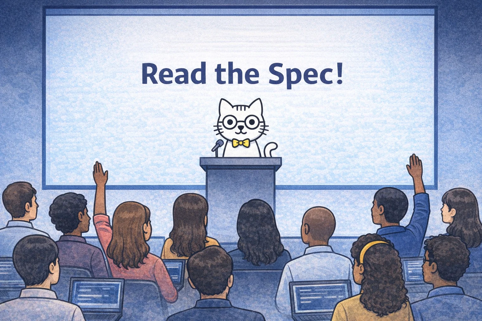 Spec Kitty presenting Read the Spec to a room of software practitioners.