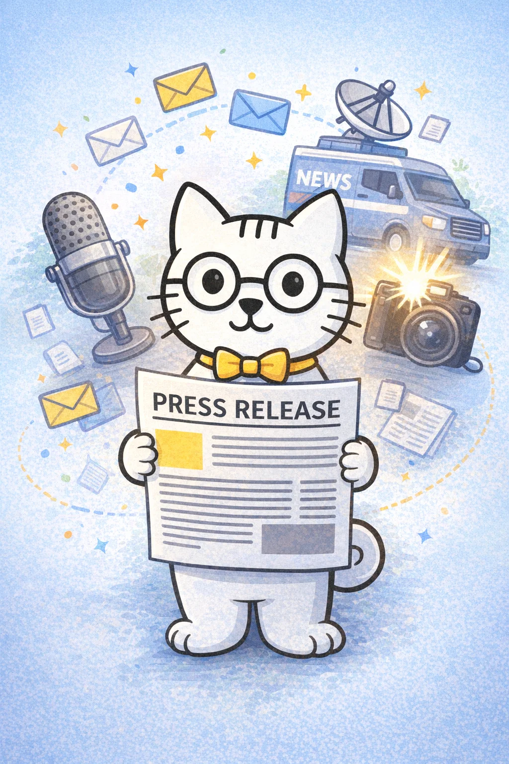 Spec Kitty holding a press release surrounded by news media icons.