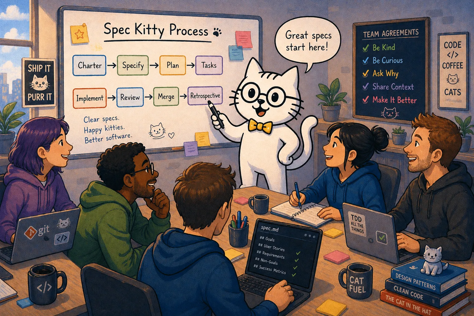 Spec Kitty guiding a software team through a governed spec-driven workflow.