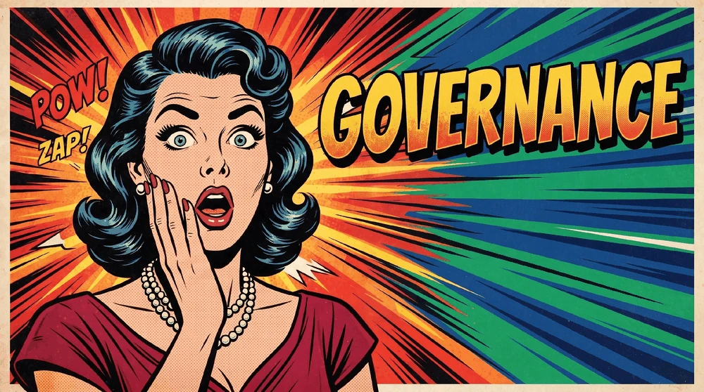 A pop-art woman reacting to the word Governance.