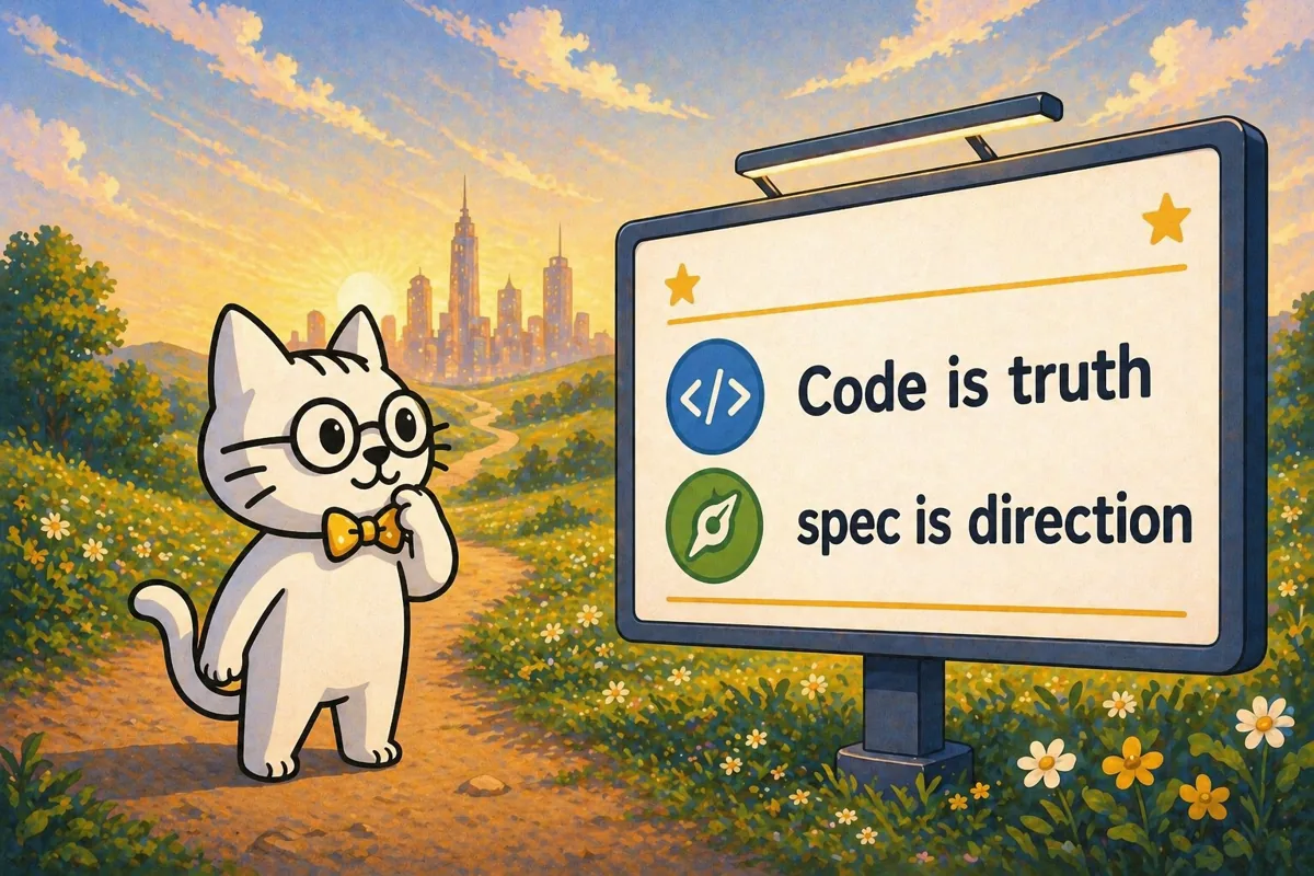 Spec Kitty standing beside a sign that says Code is truth and spec is direction.