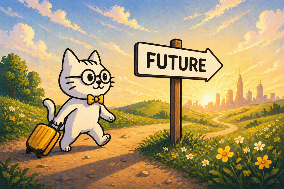 Spec Kitty walking toward a sign marked Future on a sunny path.