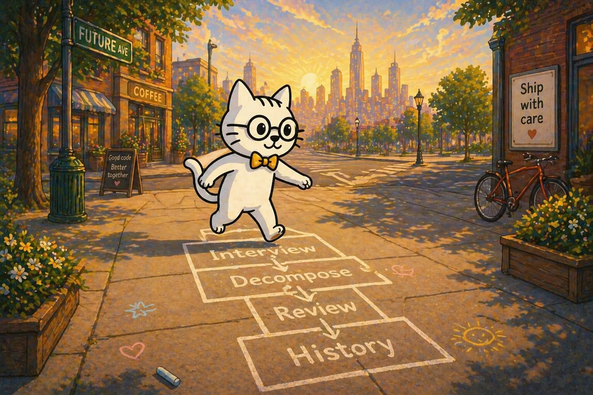 Spec Kitty walking a hopscotch path labeled Interview, Decompose, Review, and History.