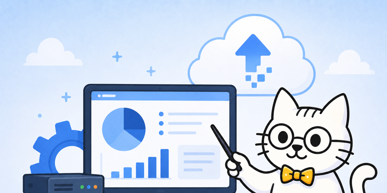 Spec Kitty pointing at a monitor showing charts and dashboards, with server racks and a cloud-upload icon behind it