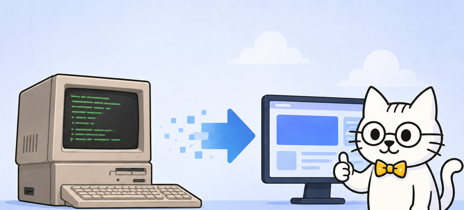 A vintage terminal computer on the left, an arrow pointing to a modern UI on a flat-panel monitor on the right, and the Spec Kitty mascot giving a thumbs up