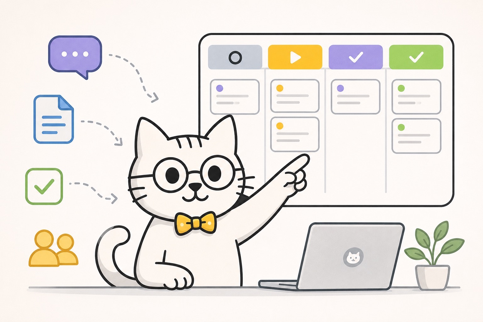 Spec Kitty mascot pointing at a kanban-style board with planned, in-progress, review, and done lanes