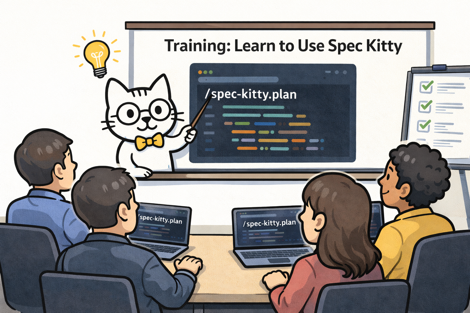 Spec Kitty teaching a training workshop to a team gathered around laptops